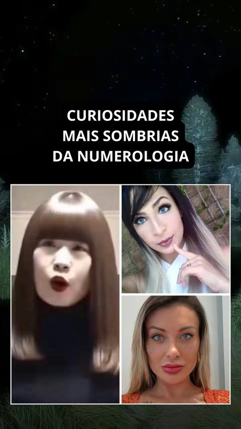 The image is a vertical collage composed of three portraits and a text overlay set against a dark, star-filled night sky. The text overlay at the top reads 'CURIOSIDADES MAIS SOMBRIAS DA NUMEROLOGIA' in white, sans-serif font. The three portraits are arranged below the text; the topmost portrait is of a woman with light skin and blue eyes; the middle portrait shows a person with dark hair and bangs; the bottom portrait showcases a woman with tanned skin and red lips.