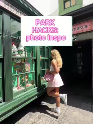 A woman in a pink outfit poses in front of a shop window in a Wizarding World setting. A text overlay reads: PARK HACKS: photo inspo.