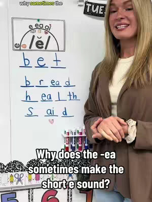 A woman stands in front of a whiteboard teaching phonics. The board displays examples of when the letters 'ea' make the short 'e' sound. Below the board, text explains the lesson's focus.