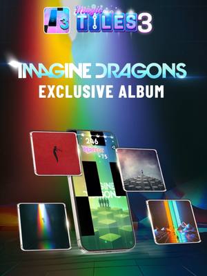 The image showcases a promotional design for a mobile rhythm game, 'Magic Tiles 3,' featuring elements related to the band Imagine Dragons. The top part of the image features the game's logo, with the words 'Magic Tiles 3' in a 3D stylized font. Below this, the text 'IMAGINE DRAGONS EXCLUSIVE ALBUM' is prominently displayed. The background has an abstract effect with gradients of blue, purple, and streaks of light, giving it a futuristic vibe. In the center of the image, a smartphone displays the game interface, showing a game in progress. Four smaller square images are arranged around the phone, each displaying an album cover or a related image, implying the game's integration with the band's music. The layout is designed to be visually engaging, with bright colors and dynamic angles, to promote the rhythm game and new album content.
