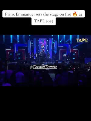 A brightly lit stage with a band and performers is shown. Above, text announces the performance. The text overlay says 'Prinx Emmanuel sets the stage on fire,' and the setting is specified as TAPE 2025.