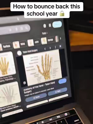 The image shows a laptop screen displaying a Google Images search result for "Anatomy of the Hand - Teton Hand Surgery". Above, in the top bar, is text that says "How to bounce back this school year" and a lock emoji.