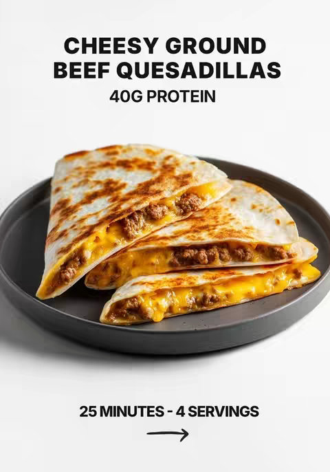 A food image featuring three quesadilla pieces on a dark grey plate set against a white background. The quesadillas appear golden-brown, filled with melted cheese and ground beef. Above the quesadillas, text in bold black font indicates the recipe name and nutritional information, while at the bottom, more text announces serving details. An arrow indicates the recipe's direction.