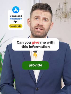 A man in a blue suit is the main focus, with text overlays suggesting a language lesson. A green button says 'provide', and a speech bubble corrects a phrase, while a FluentJoy App logo is in the corner.