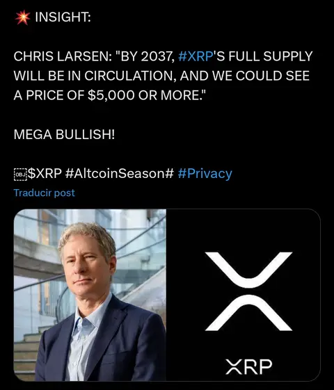 The image is a promotional graphic for a crypto-related video. It is a portrait-style layout. At the top, there is text overlaid, including the word "INSIGHT," indicating the content will share a crypto insight. The image features a headshot of a middle-aged man in a dark suit and a light blue shirt. Beside him is the XRP logo in white against a black background. The man looks directly at the viewer with a neutral expression. The overall color scheme is dark with white and metallic accents, common in digital content. The text overlay is in a sans serif. The text indicates a price prediction for XRP.
