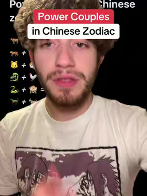A man with a beard in a white shirt is in the center, the background is black, and above him there is a red text box with the words Power Couples in Chinese Zodiac.