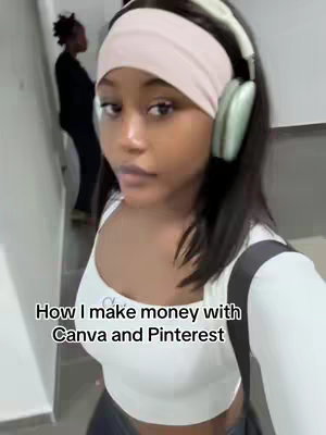 A selfie-style shot featuring a young woman with dark hair, a headband, and a white top. She's using a pair of headphones. The background shows a hallway with another person in the distance.