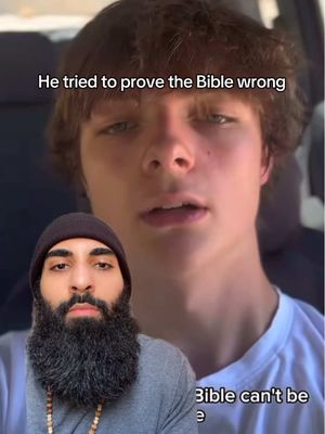The image features two men. The main subject is a young man with light brown hair, looking directly at the camera with a neutral expression. Overlayed on the bottom left is another man wearing a black beanie and a large, dark beard. The text overlay reads 'He tried to prove the Bible wrong'.