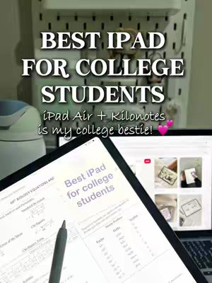 The image is a vertical shot presenting a cluttered aesthetic. Prominent text announces "BEST IPAD FOR COLLEGE STUDENTS." There are two iPads in the image: one showing formulas and notes, with a stylus resting nearby. The background holds multiple objects like a monitor displaying app images and a wall grid organizer. The color palette is a mix of white, light green and black, which creates a clean and studious atmosphere.