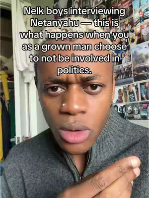 A selfie-style shot of a young Black man with short hair, wearing a gray sweater. The background includes a wall filled with various pictures and objects. Text overlays the image, describing the Nelk Boys interviewing Netanyahu and the viewers' reactions.