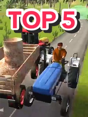 The cover image shows a vibrant scene from a mobile game featuring farming vehicles. The words "TOP 5" are displayed in a large, bold, red font with a white outline, set against a background that appears to be a farm road under bright daylight. Several tractors, each with unique colors (blue, yellow, and white), are depicted. One tractor is in the foreground, suggesting it is the main focus, implying a simulation or racing game. The overall composition is lively and engaging, likely intended to attract attention from gamers interested in simulator games.