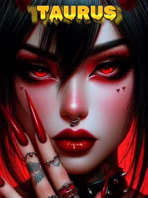 A close-up portrait of a person with pale skin and dramatic red accents. The text 'TAURUS' is displayed in a blocky, golden font above the head. The person has black hair, red-rimmed eyes, and long red fingernails. They have a nose ring, and their face is adorned with three small, dark red heart-shaped marks on one cheek. Accessories include rings and a black choker. The overall composition is high-contrast with intense red coloring and highlights.