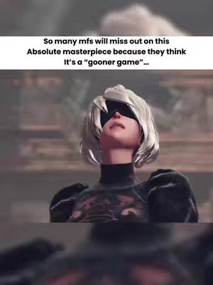The image shows a 3D rendered character, 2B from Nier: Automata, looking up with her eyes closed. Text overlays at the top in a white box, critiquing the potential for people to miss out on this game, calling it an 'absolute masterpiece'. The background is blurred, and the composition is from the mid-chest up.