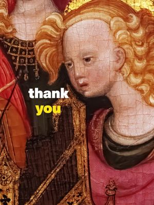 The image shows a detail from a painting depicting an angel with reddish-blonde hair, a pale complexion, and a thoughtful expression. Overlaid on the image is the text 'thank you' in bold, white letters with a yellow-filled 'you'.