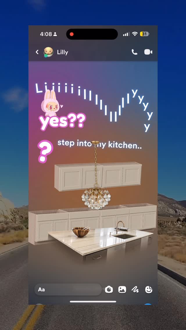 A phone screen displaying a mock social media story. The background shows a kitchen scene. A cartoon character, a bunny in a pink hoodie, is overlayed on the screen with text bubbles, and the words 'yes??' and a question mark is visible.