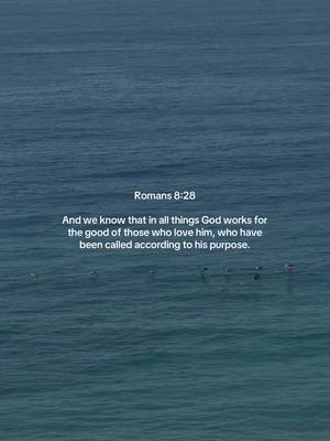 The image captures a serene ocean scene with text overlayed. The composition consists of a vast expanse of blue water, with a slightly darker shade near the top, suggesting depth. Scattered across the water's surface are small, dark shapes, possibly birds or distant objects. Centered within the frame is a text block in a simple, clean white font, providing a quote from Romans 8:28.