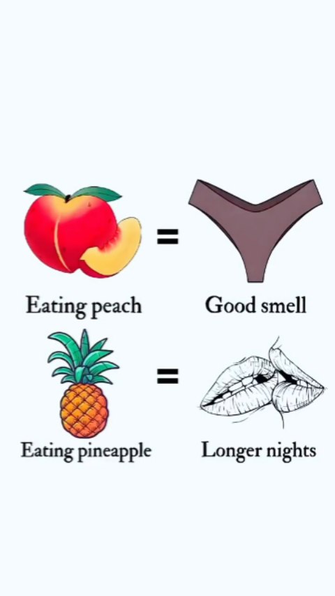 An image with cartoon illustrations. At the top, a peach with a bite taken out is to the left of a pair of brown, v-shaped underwear. Below, a pineapple is to the left of two lips kissing. The background is plain white.