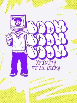 An illustrated cover featuring a figure with a computer monitor for a head, purple attire, set against graffiti elements on a yellow background, with the words"BOOM BOOM BOOM" in a bubble-like font