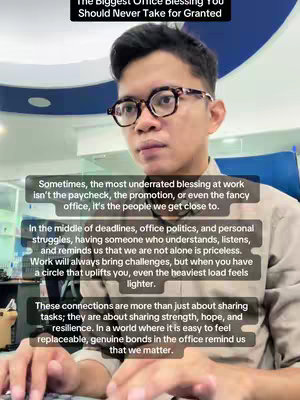 A man with glasses is centered in the frame. He is in his office setting, wearing a collared shirt. Behind him are hints of office decor. Overlayed on the image is text with quotes describing office life.