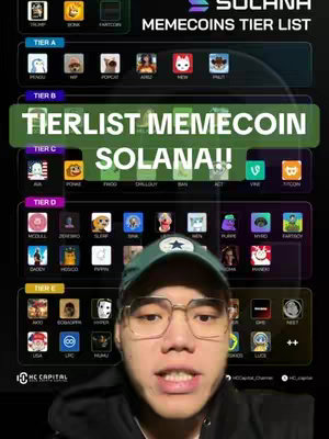 The cover image shows a man with glasses in a green cap in front of a tier list of memecoins on the Solana blockchain. The tier list is in a grid format with the name of the cryptocurrency being displayed with icons. The man is speaking to the camera. The overall aesthetic is modern and tech-focused. The image uses a dark background with bold, white and green text.