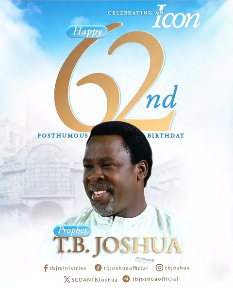 The cover image features a portrait of Prophet TB Joshua, centered against a backdrop of a sky blue background. The text elements include "Happy 62nd Posthumous Birthday", "Celebrating an Icon", and "Prophet T.B. Joshua". The overall composition presents a commemorative design with a religious theme, framed with a sky blue color palette.