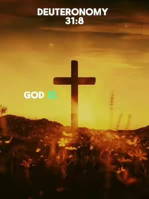 The image features a silhouette of a cross against a sunset. The sky transitions from deep orange to bright yellow, with a few visible stars. In the foreground, there is a dark, textured surface that appears to be land, possibly a hillside, with subtle flower shapes. Text overlays include a Bible reference at the top and the words 'GOD IS' in a stylized font at the bottom. The overall composition creates a reverent and contemplative atmosphere.