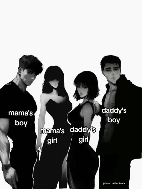 A black and white image featuring four stylized figures. Two are male, one on the left and one on the right, and two are female between them. The figures are positioned closely together on a plain white background. Text overlays label the figures as 'mama's boy,' 'mama's girl,' 'daddy's girl,' and 'daddy's boy'.