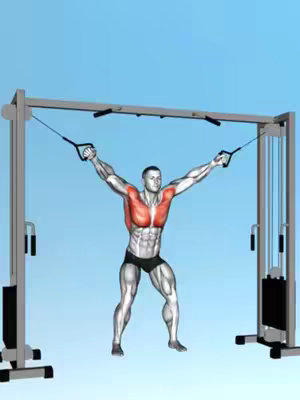 A digitally rendered image shows a muscular man performing a cable crossover exercise in a gym setting. He stands with his legs shoulder-width apart, holding onto the handles of a cable machine with his arms extended to the sides at shoulder height. His chest muscles are highlighted in red. The background is a solid light blue.