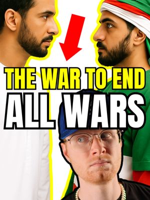 The cover image is a collage featuring three people and text overlays. The top portion contrasts two men in profile, facing each other. The man on the left has dark hair, a beard, and is wearing a white garment. The man on the right has a beard, a head covering and a green garment. Between them is a red arrow pointing from left to right. Below, a fair-skinned man with red hair and glasses gazes upwards. The background is a gradient of yellow and green tones. The main text overlay, in a yellow and green blocky font, reads 'THE WAR TO END ALL WARS.'