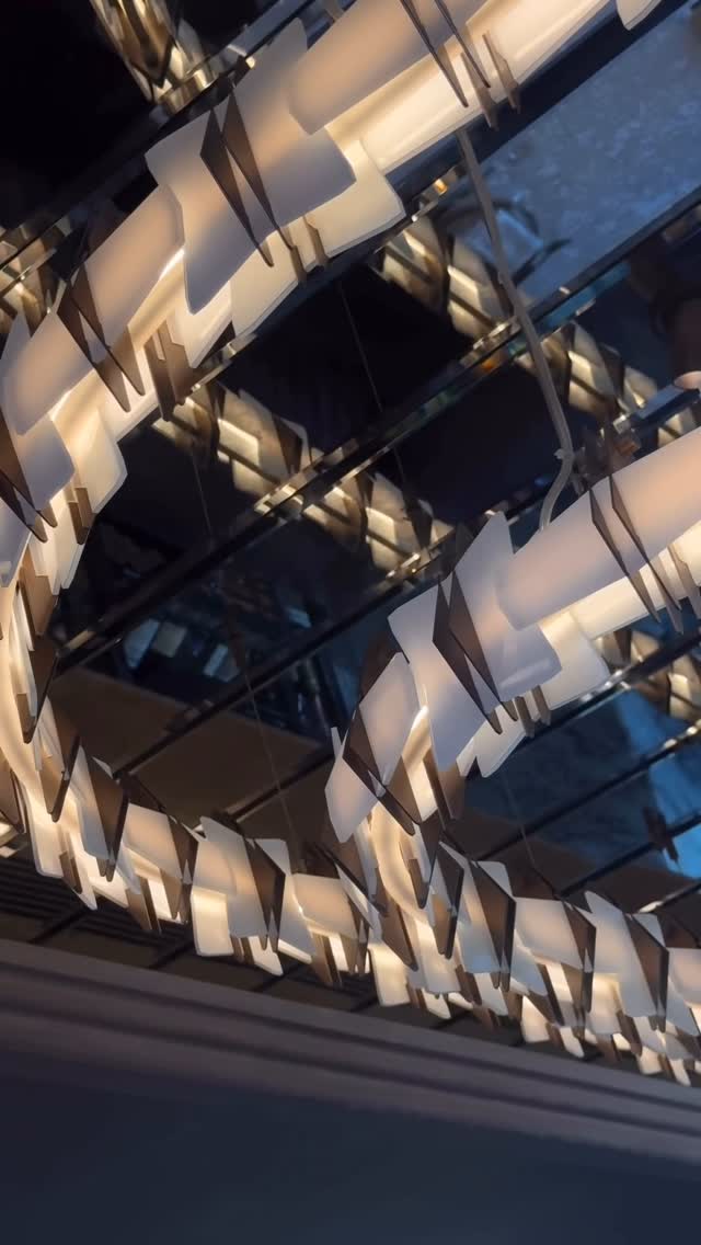 An overhead shot showcasing an ornate, modern light fixture suspended from the ceiling. The fixture consists of a series of interconnected, abstract shapes with a repeating pattern along the length. The shapes appear to be constructed from white, translucent material with a metallic, possibly bronze or gold, trim. They are arranged in a circular or wave-like design, creating a dynamic visual pattern. The lighting is soft and diffused, creating a warm ambiance. The background is dark, with reflections adding another layer of complexity and visual interest to the composition.