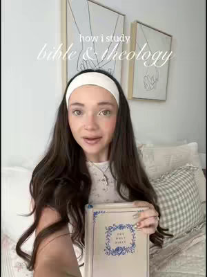 A woman with long dark hair wearing a white headband is holding a Bible. The background is a light-colored room with abstract art and a bed. The woman is centered in the frame, looking at the camera with a soft, inviting expression. The text overlay consists of the words, "how I study Bible & theology".