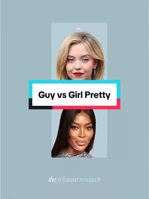 The image is vertically oriented with a light blue background. At the top, there's a picture of a woman with blonde hair and red lipstick. Below, there's a picture of a woman with dark skin and dark hair. In the center is a rectangular text overlay with the words 'Guy vs Girl Pretty'. The bottom has the words the relevant research.