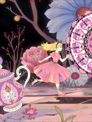 An illustration depicting a scene reminiscent of Alice in Wonderland. A young girl with blonde hair in a pink dress is running towards a large clock. The background is filled with oversized flowers, a teapot, and other whimsical elements, all rendered in a soft, pastel color palette dominated by pinks, purples, and blues.