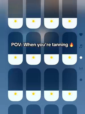 The image shows a blue background with a grid of control sliders, resembling a phone interface. Each slider has a dark top portion and a light, rounded bottom with a sun icon in the center, and the text overlay says, "POV: When you're tanning" with a fire emoji.