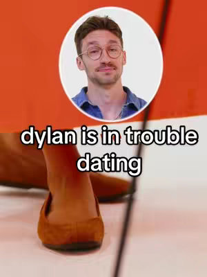 The image features a man in a white circle overlay over a red and white background, with text overlaying the bottom part of the image. The man is wearing glasses and appears to be in his 20s or 30s. The lower portion of the image shows a person's legs, particularly their feet, wearing brown shoes, suggesting a dating or relationship context.