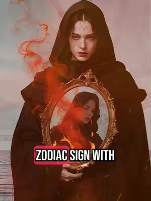 A person wearing a dark hood holds a decorative mirror. Flames and red smoke surround the figure and the mirror. Text overlayed at the bottom of the frame says: "ZODIAC SIGN WITH".