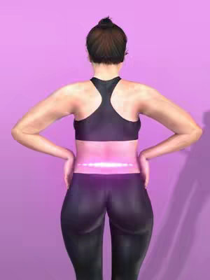 A 3D rendered image features a woman from the back wearing a black sports bra and leggings. She has dark hair up in a bun and stands against a solid, light purple background. Her hands are placed on her hips. The leggings and the area around her waist are highlighted by pink and purple lighting. The focus is on her toned back and glutes, emphasizing a fitness theme.