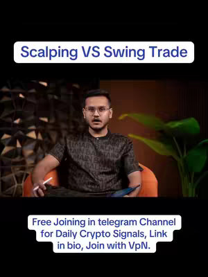 The image shows a man in a dark shirt sitting in front of a dark background. Above him is a white rectangle with the text "Scalping VS Swing Trade". Below him is a white rectangle with text inviting viewers to join a Telegram channel. The man is wearing glasses and appears to be in a studio setting.