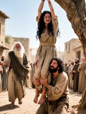 A dramatic scene from a Biblical story shows a woman suspended by her wrists, crying out in anguish. Below her, a man looks up at her with a desperate, contorted expression, as if bearing her weight. The setting is a sunlit, ancient cityscape with buildings and onlookers visible. The colors are warm, with desaturated hues, emphasizing the emotional gravitas of the scene.