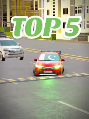 The cover image showcases a vibrant scene centered around various toy cars on a road setting, with a cityscape in the background. The text "TOP 5" in a bold, green font prominently overlays the scene. One of the cars is the center of attention, colored with Pakistan's flag. The road, buildings, and a skyline establishes a fun and exciting atmosphere.