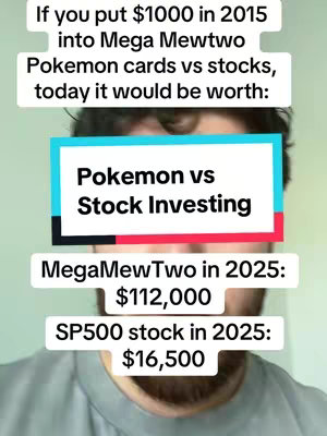 A vertical video cover image with a central text box against a backdrop likely of the creator. The text box features the title 'Pokemon vs Stock Investing' in clear, bold font on a light blue and red background. Above this is a headline, and below it, numerical comparisons of investment returns.