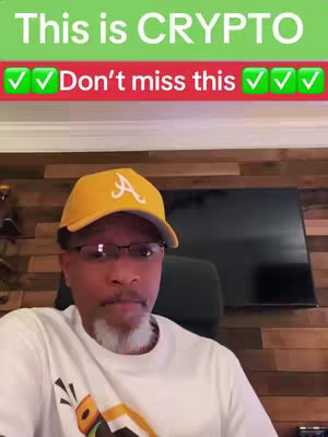 A man in a yellow hat and glasses is holding a video camera, with the text 'This is CRYPTO' overlaid at the top in a green banner, and the text 'Don’t miss this' in a red banner with checkmarks, against a background of a dark television, and wood paneling.