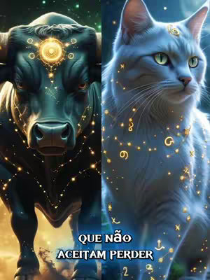 The cover image is a split composition featuring two halves: a black bull on the left and a white cat on the right. Both animals are stylized with glowing golden constellation patterns overlayed on their bodies. The bull's body is mostly black with dark, textured fur, while the cat is white with a fluffy texture, and a serene expression. The background is a dark blue that seems to be a night sky, with glowing orbs and light, which reinforces a mystical theme. Text in bright, bold font with a blue gradient is overlaid at the bottom of both sides, which draws attention. The layout emphasizes symmetry and a balance between the two animal figures.