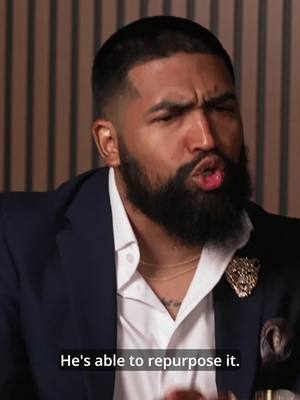 The cover image shows a Black man in a navy blazer and white collared shirt. He has a neatly trimmed beard and short, dark hair. The man's face is centered in the frame, and he is looking upwards with a furrowed brow and open mouth, suggesting he is mid-speech or expression. The image is well-lit and the background appears to be a neutral color. Below the man is a black text overlay that reads, "He's able to repurpose it."