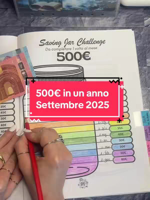 The cover image shows a person's hands writing in a savings journal. The journal is open to a page with a 'Saving Jar Challenge' with a goal of saving 500€ in 1 time per month. The text overlay says "500€ in un anno Settembre 2025". There are also cash notes and colorful sections in the journal.