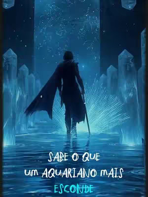 A digitally created image shows a silhouetted figure facing away, walking towards a light source. The figure is clad in dark clothing and a cape, holding a staff. They are in a blue environment, possibly water, with pillars and glowing crystal formations. Text at the bottom reads 'Sabes o que um aquariano mais escode' in white and blue font.