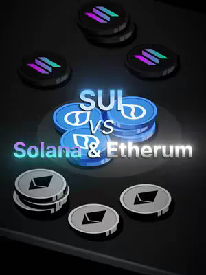 The image features a dark background with stylized coin-like icons representing different cryptocurrencies. In the center, there is a graphic that reads "SUI VS Solana & Ethereum." The coins are positioned around this central text, with groups of coins representing each cryptocurrency. The coins' colors include blue with a leaf symbol for SUI, coins with a stylized "S" for Solana, and coins with an "E" emblem for Ethereum. The graphic is designed to suggest a comparison or competition between these three cryptocurrencies.