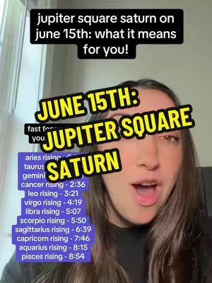 A woman with long brown hair is looking at the camera with an open mouth. Text overlays are added to the image with astrology-related information.