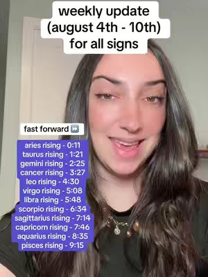 A woman with long dark hair is smiling at the camera, partially covering the face, with text overlay on the top. A list of zodiac signs is displayed below, beside a fast forward symbol.