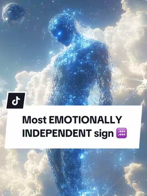 A digital artwork featuring a glowing blue figure in a pose of strength, against a heavenly backdrop of clouds and a distant planet. Text overlaid in a white banner reads 'Most EMOTIONALLY INDEPENDENT sign' and an Aquarius symbol.